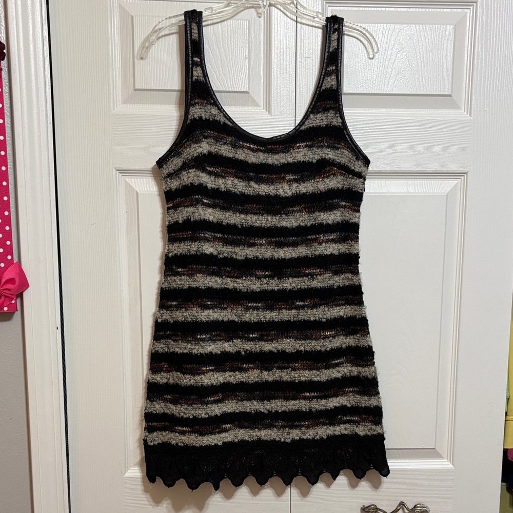 Free People Black dress with Metallic stripes and black lace Trim
